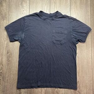Vintage 1990s Blank Faded Blue Navy T Shirt Medium Pocket Tee